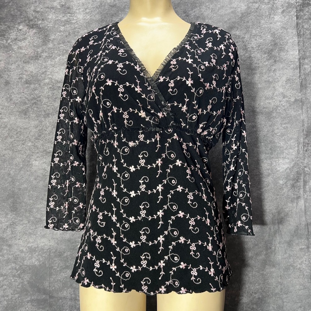 Y2K INC Babydoll Top Women M Black Pink Embroidered Floral Dark Fairy Whimsigoth